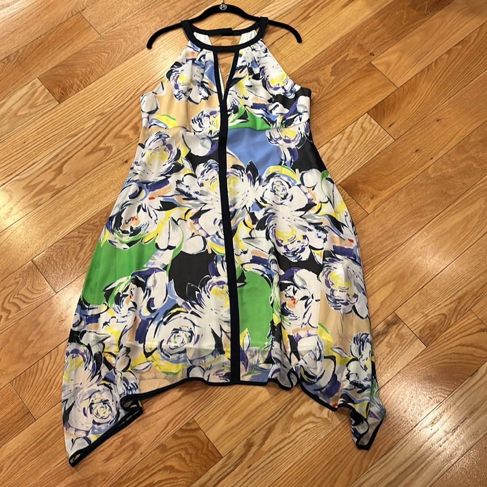 Adrianna Papell Handkerchief hem Multi Blue watercolor floral dress